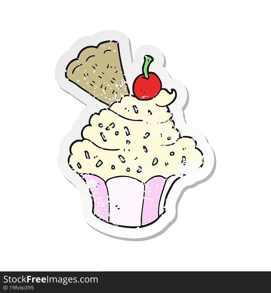 retro distressed sticker of a cartoon cupcake