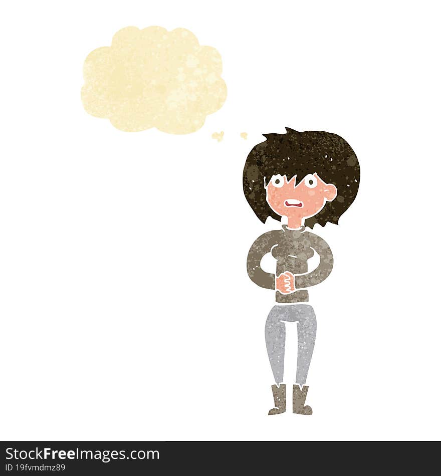 cartoon worried woman with thought bubble