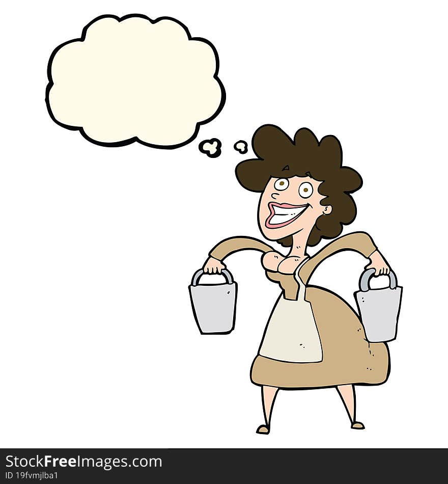 cartoon milkmaid carrying buckets with thought bubble