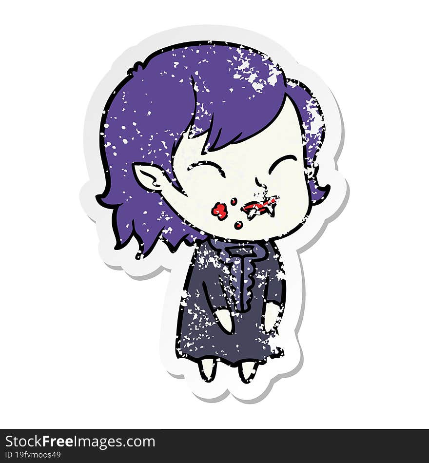 distressed sticker of a cartoon vampire girl with blood on cheek