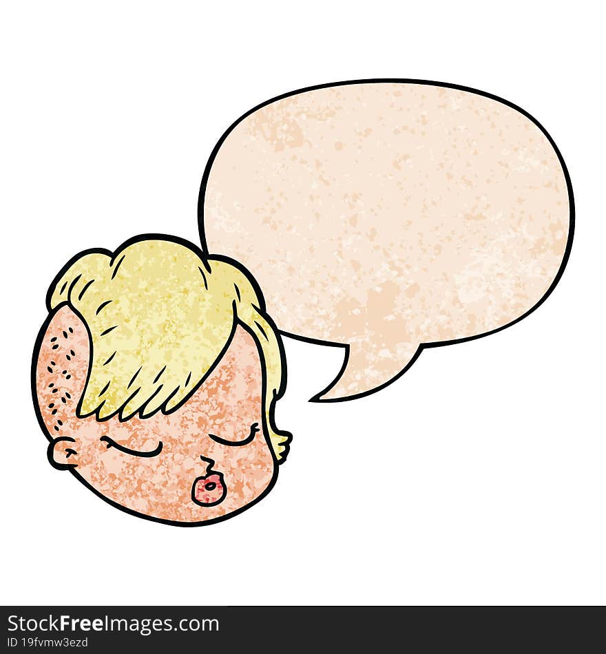 Cartoon Female Face And Speech Bubble In Retro Texture Style