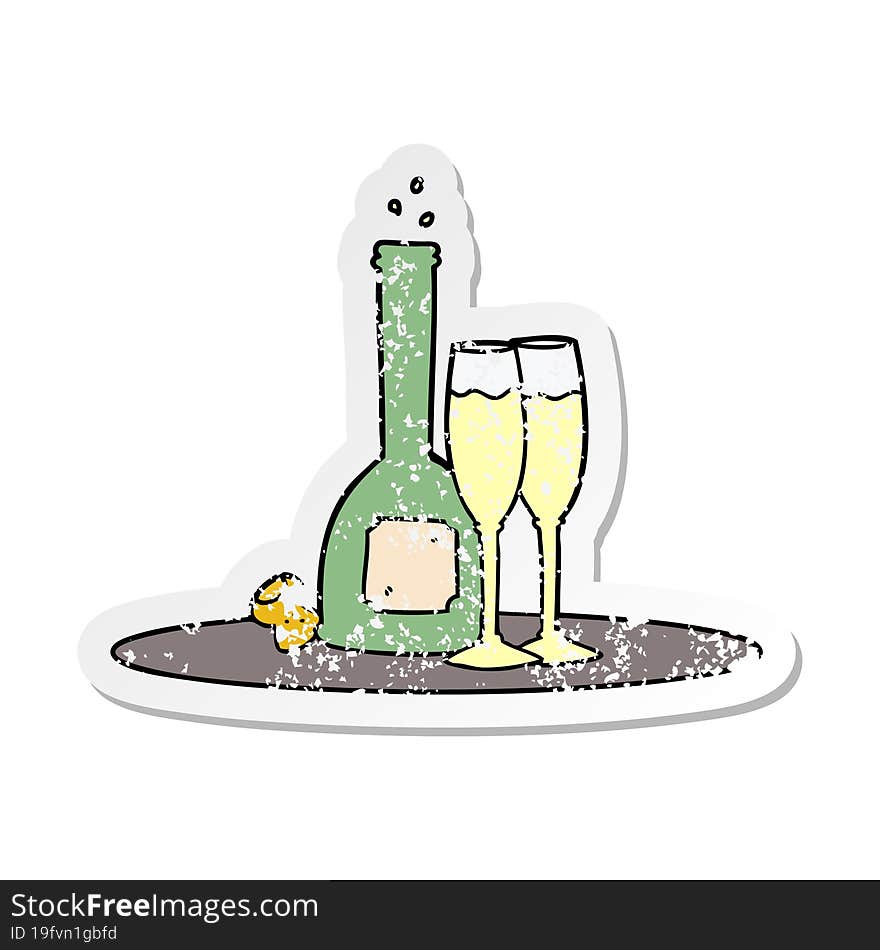 distressed sticker of a cartoon champagne on tray