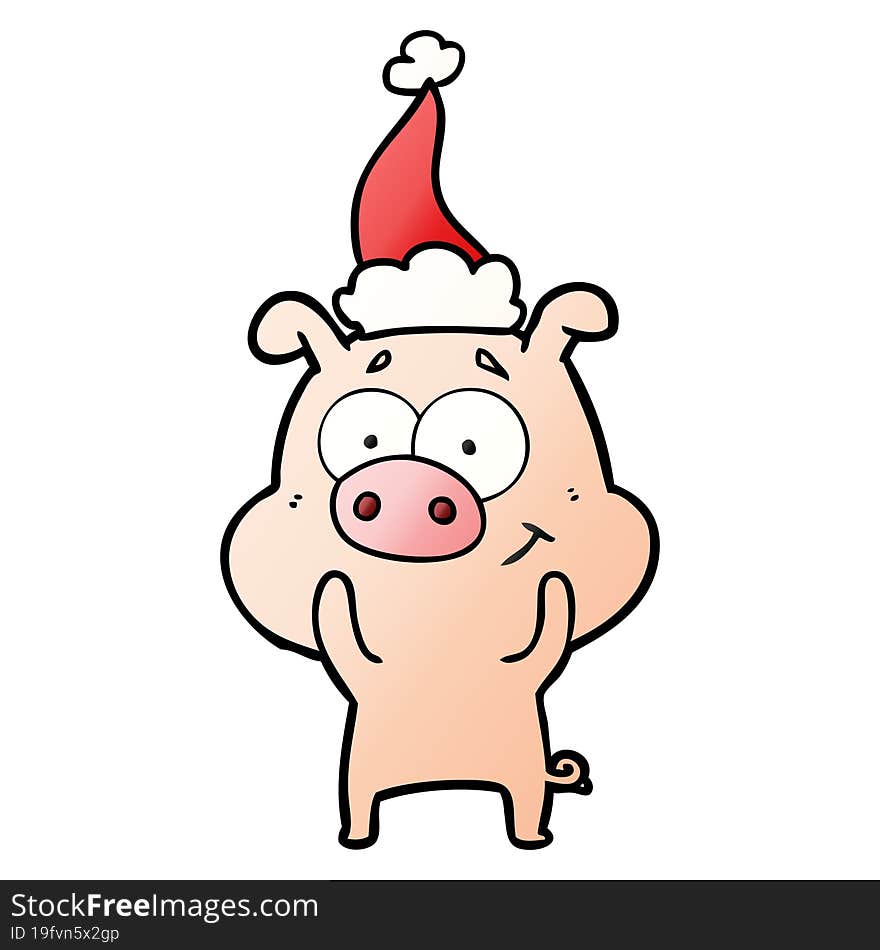 happy hand drawn gradient cartoon of a pig wearing santa hat. happy hand drawn gradient cartoon of a pig wearing santa hat