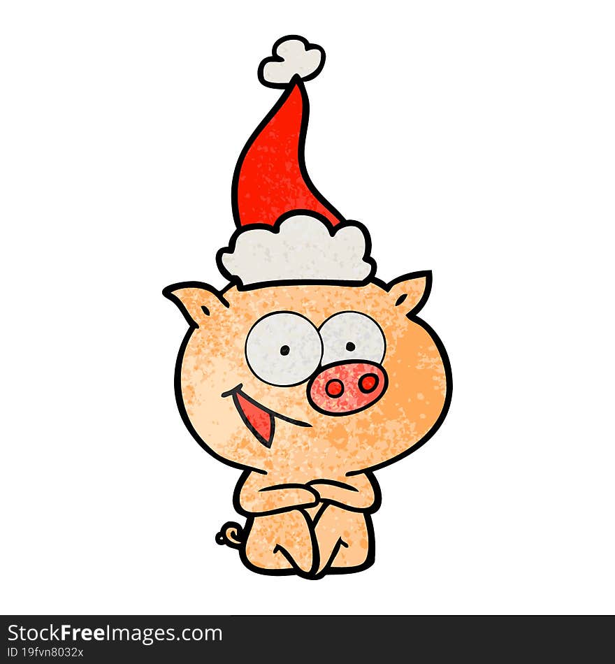 cheerful sitting pig hand drawn textured cartoon of a wearing santa hat. cheerful sitting pig hand drawn textured cartoon of a wearing santa hat