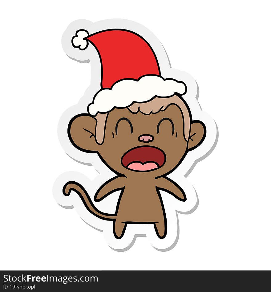 shouting hand drawn sticker cartoon of a monkey wearing santa hat. shouting hand drawn sticker cartoon of a monkey wearing santa hat