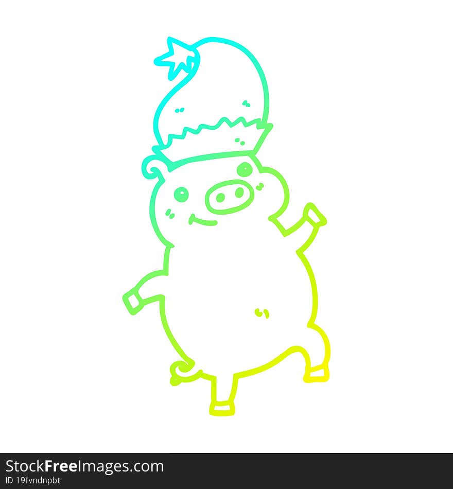 cold gradient line drawing of a cartoon happy christmas pig