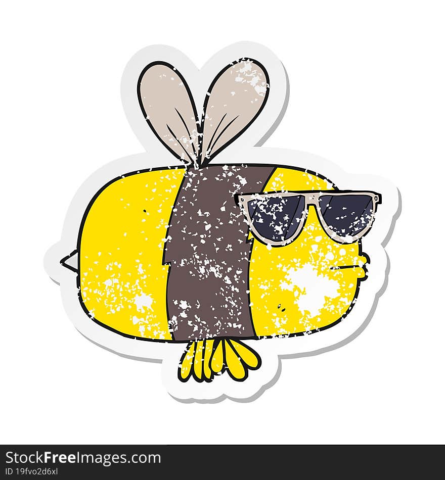 retro distressed sticker of a cartoon bee wearing sunglasses