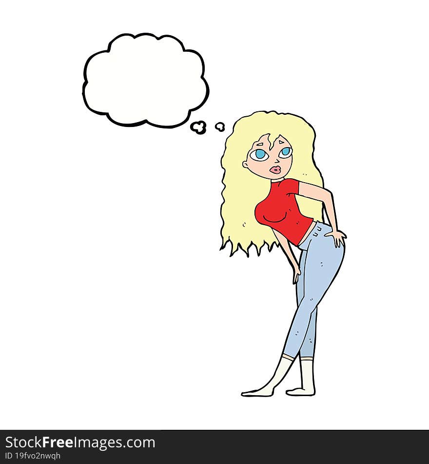 cartoon attractive woman looking surprised with thought bubble