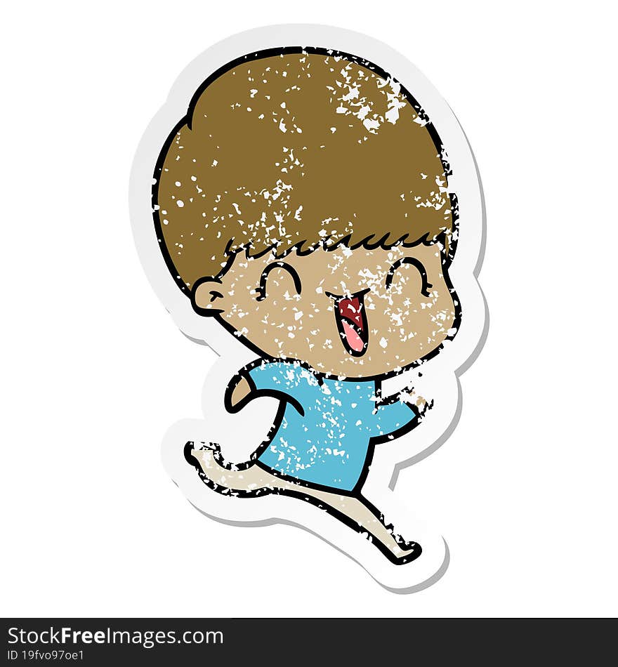 distressed sticker of a happy cartoon boy