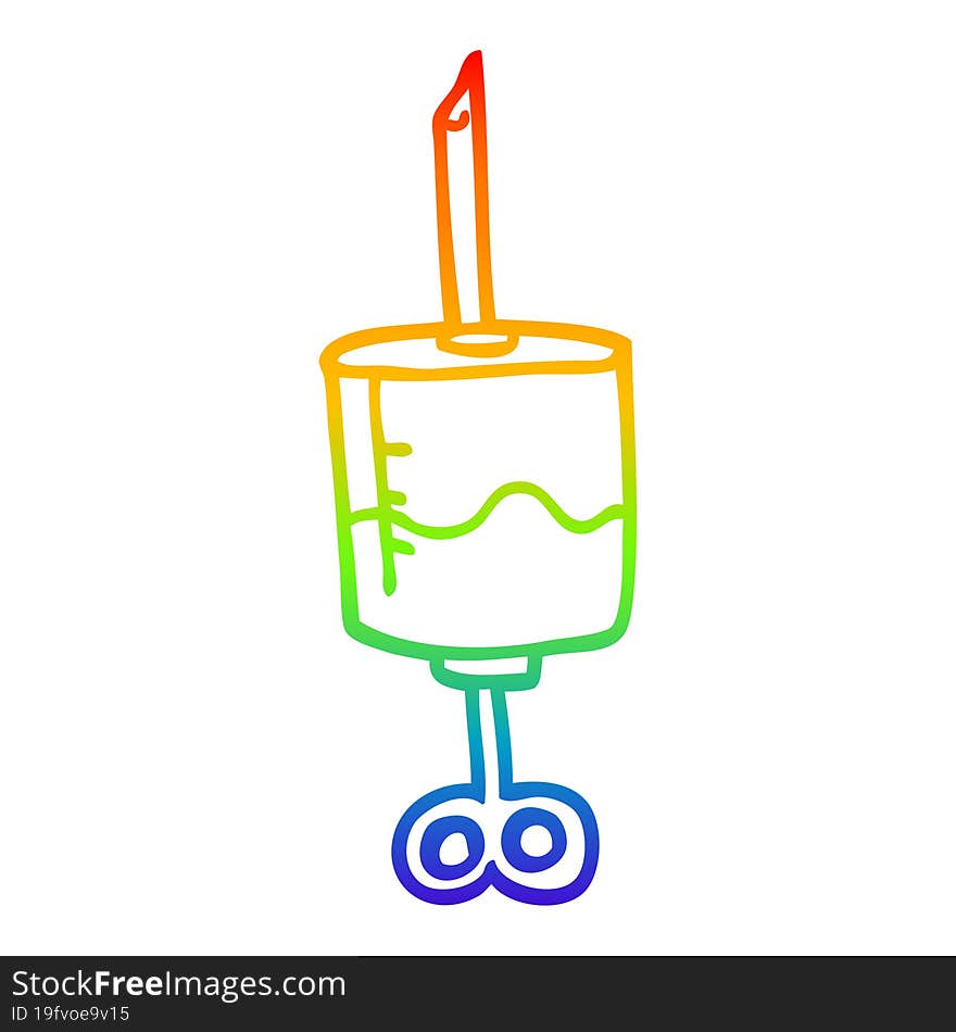 rainbow gradient line drawing of a cartoon of blood filled syringe