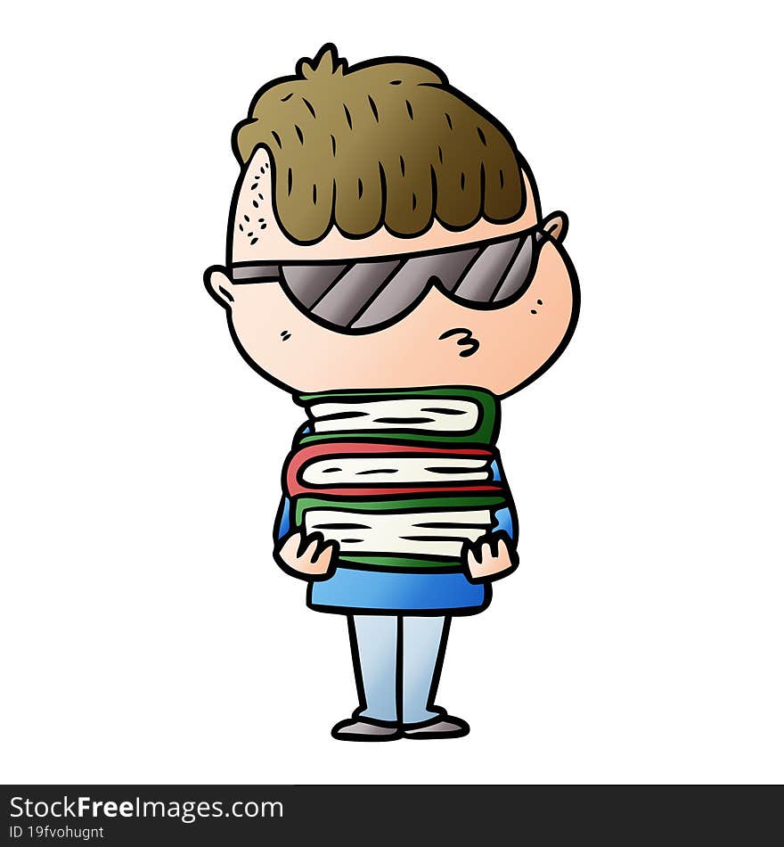 cartoon boy wearing sunglasses with stack of books. cartoon boy wearing sunglasses with stack of books