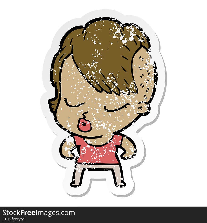 distressed sticker of a cartoon pretty hipster girl