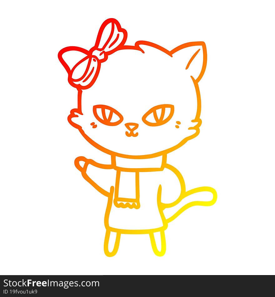 warm gradient line drawing of a cute cartoon cat in winter clothes