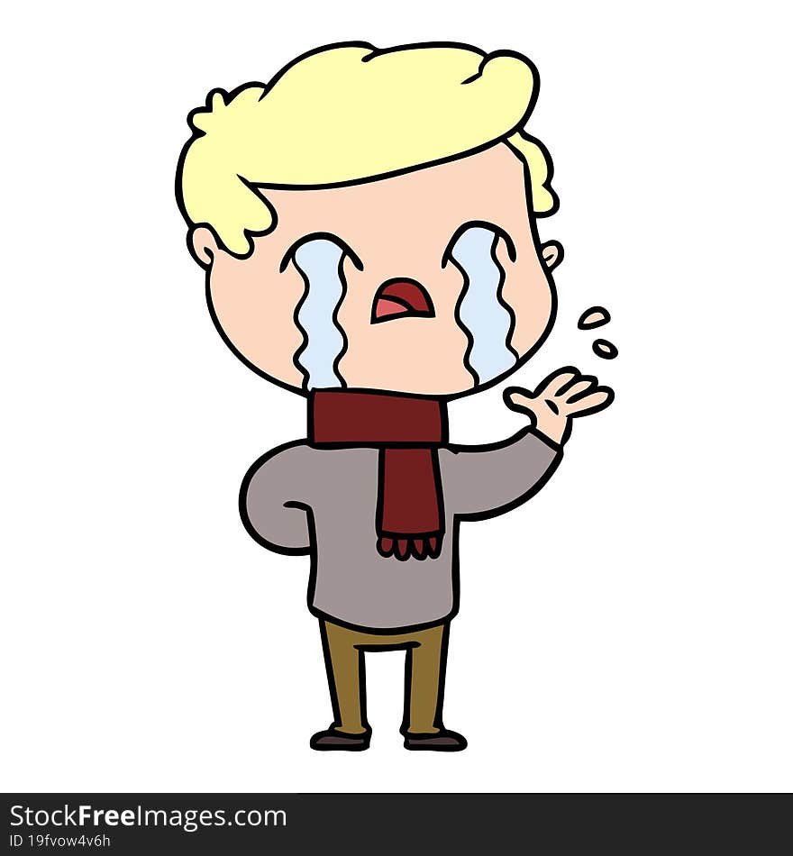 cartoon man crying wearing winter scarf. cartoon man crying wearing winter scarf