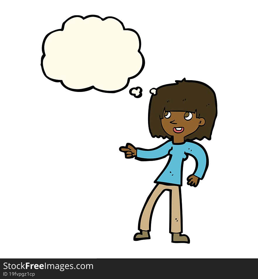 cartoon girl pointing with thought bubble