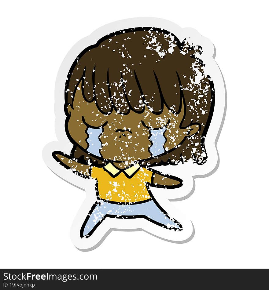 distressed sticker of a cartoon woman crying