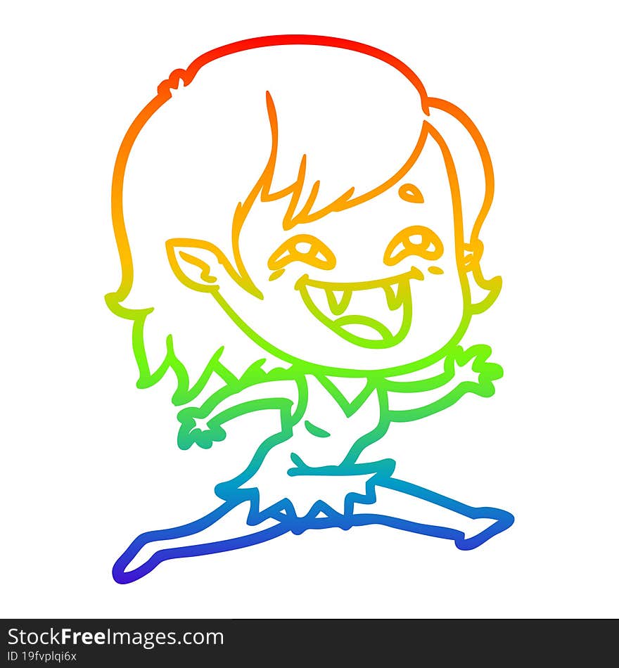 rainbow gradient line drawing of a cartoon laughing vampire girl