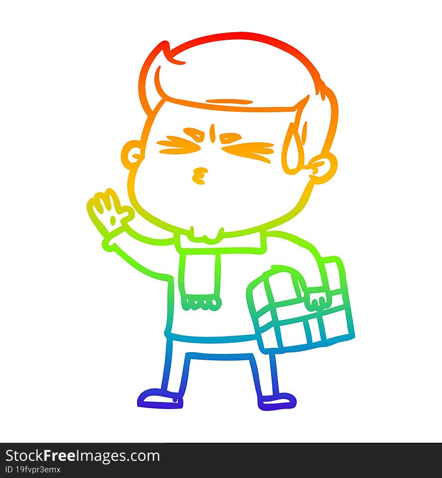 rainbow gradient line drawing cartoon man sweating