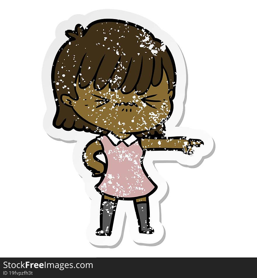 distressed sticker of a annoyed cartoon girl blaming