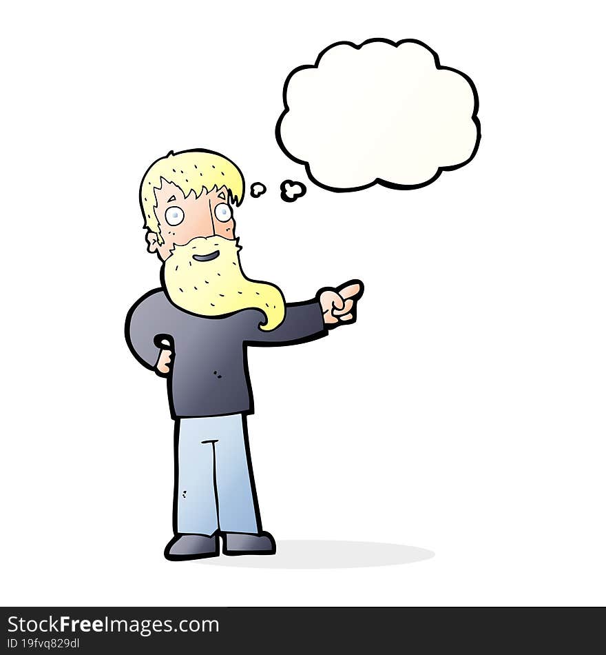 cartoon man with beard pointing with thought bubble