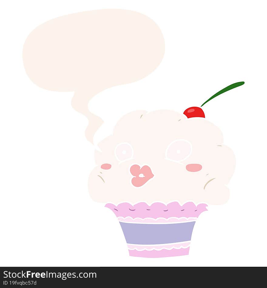 funny cartoon cupcake with speech bubble in retro style