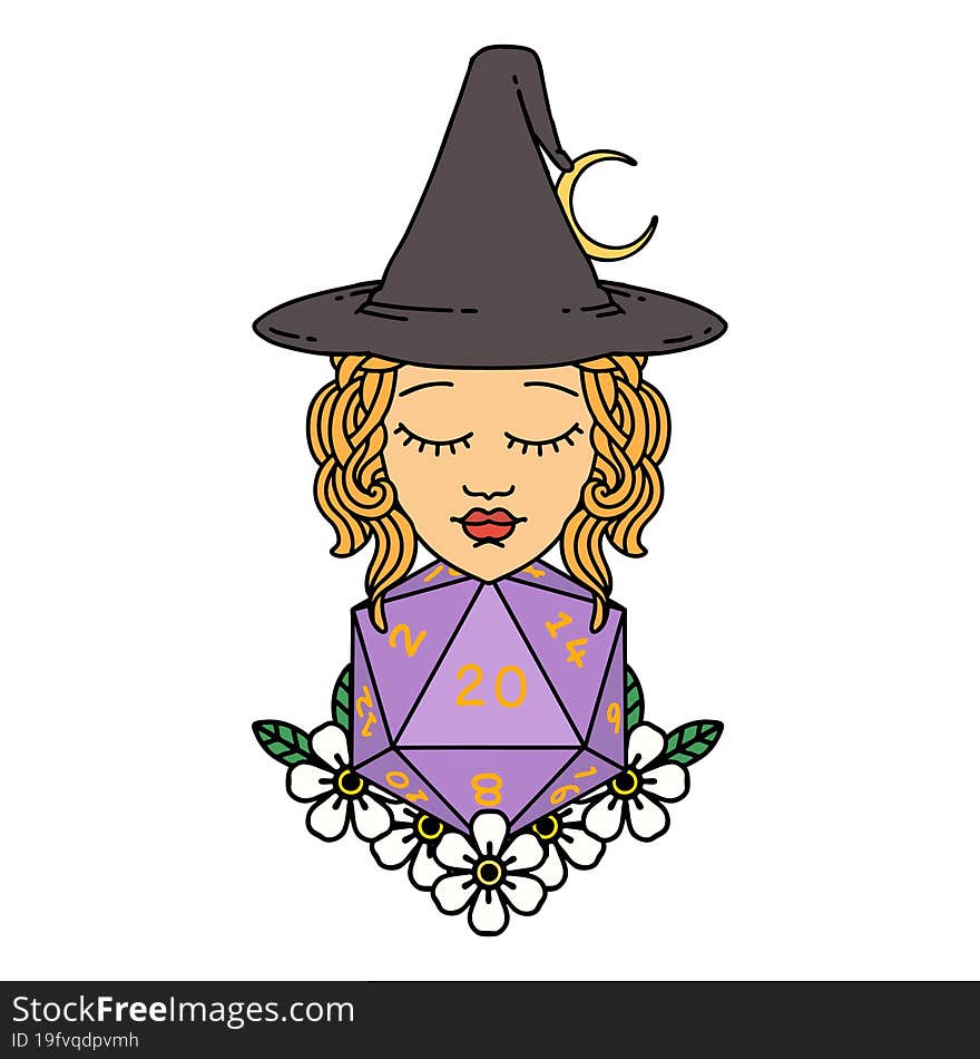 human witch with natural twenty dice roll illustration