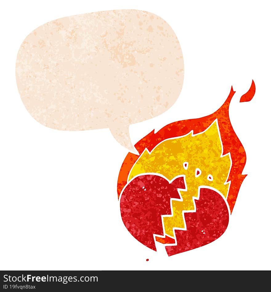 Cartoon Flaming Heart And Speech Bubble In Retro Textured Style