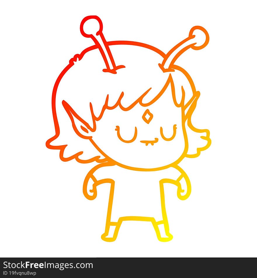 warm gradient line drawing of a cartoon alien girl