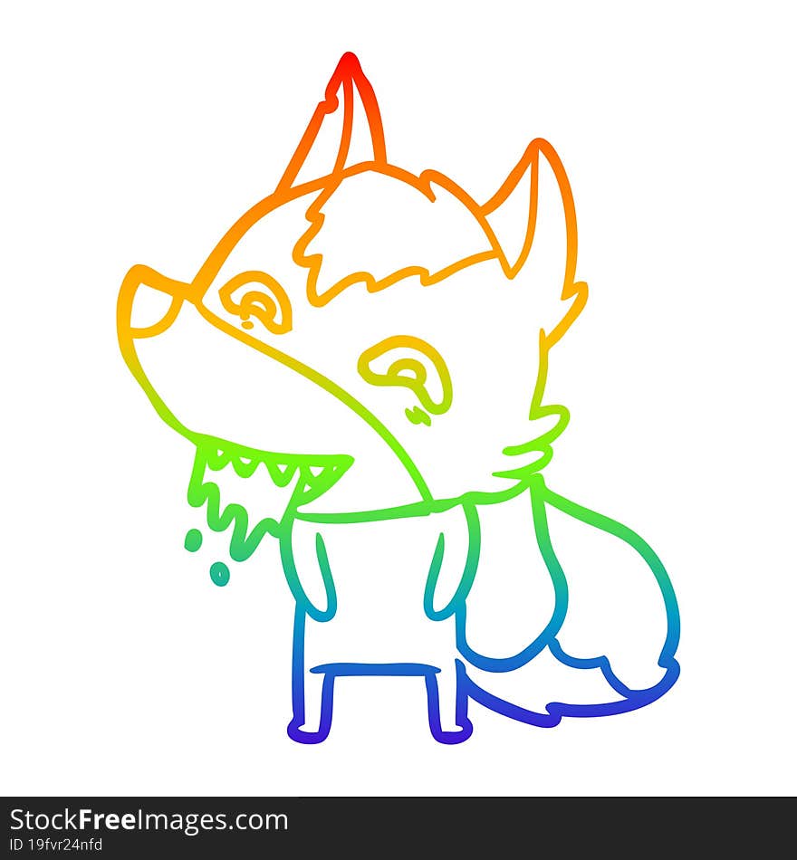 rainbow gradient line drawing of a cartoon hungry wolf