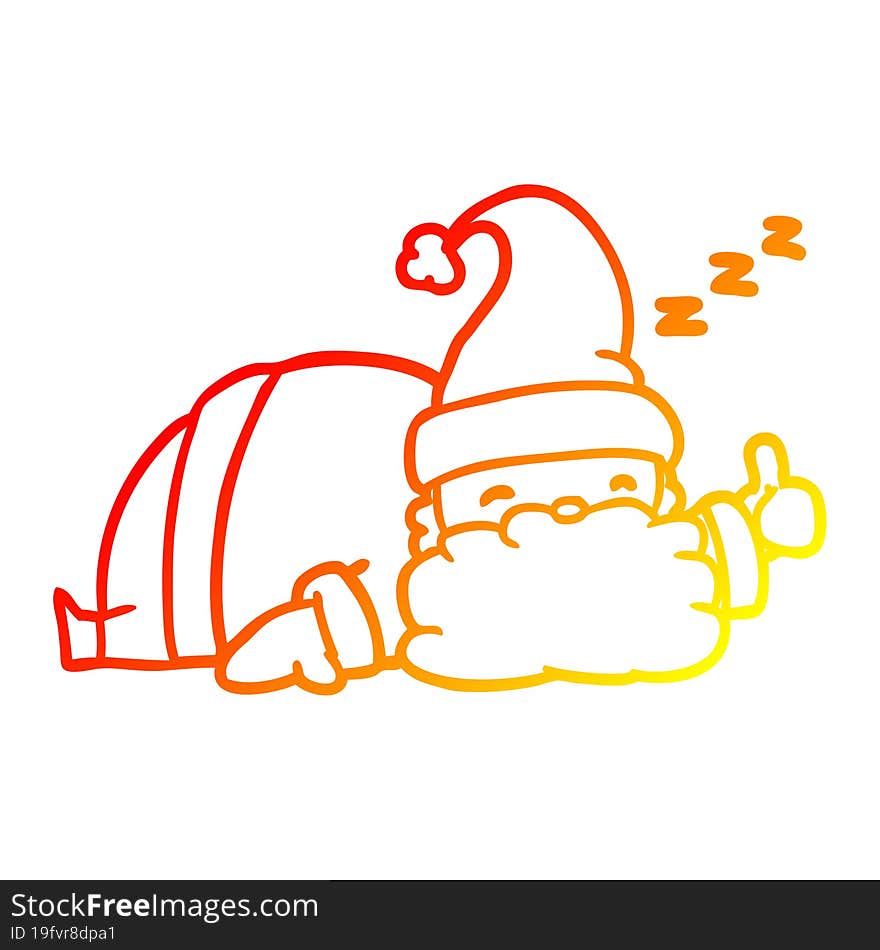 warm gradient line drawing of a sleepy santa giving thumbs up symbol