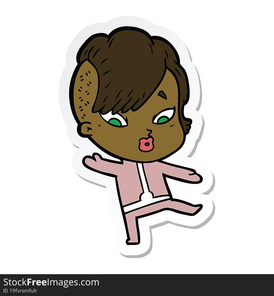 sticker of a cartoon surprised girl in science fiction clothes