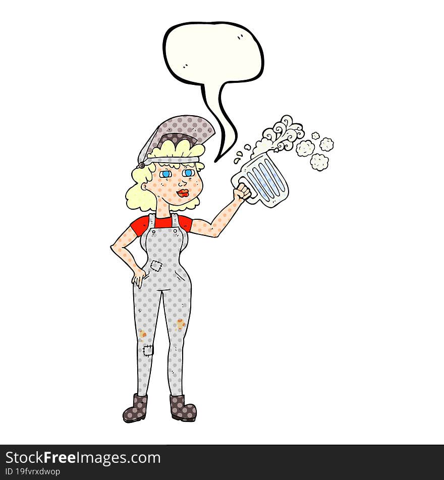 Comic Book Speech Bubble Cartoon Hard Working Woman With Beer