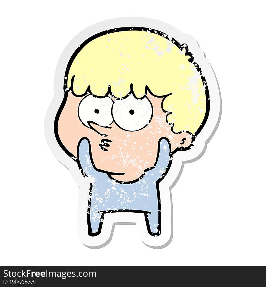 distressed sticker of a cartoon curious boy