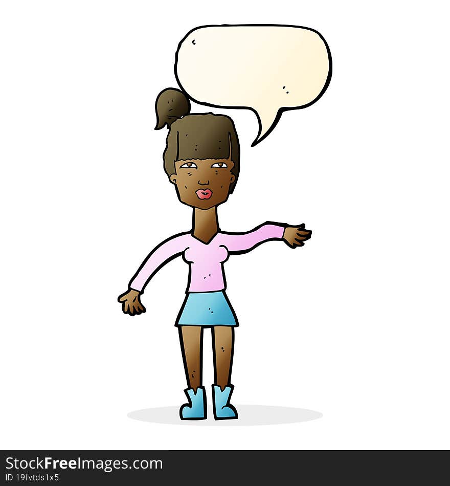 cartoon woman making dismissive gesture with thought bubble