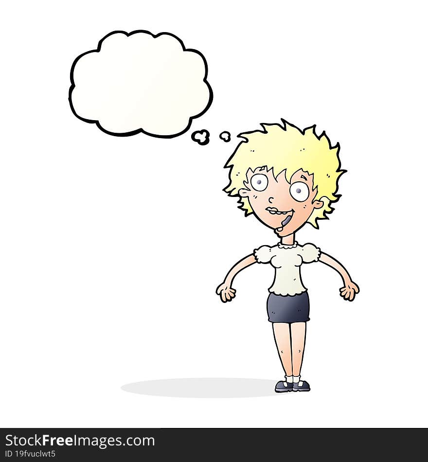 cartoon excited woman with thought bubble