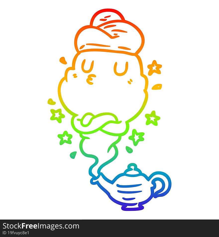 rainbow gradient line drawing of a cute genie rising out of lamp
