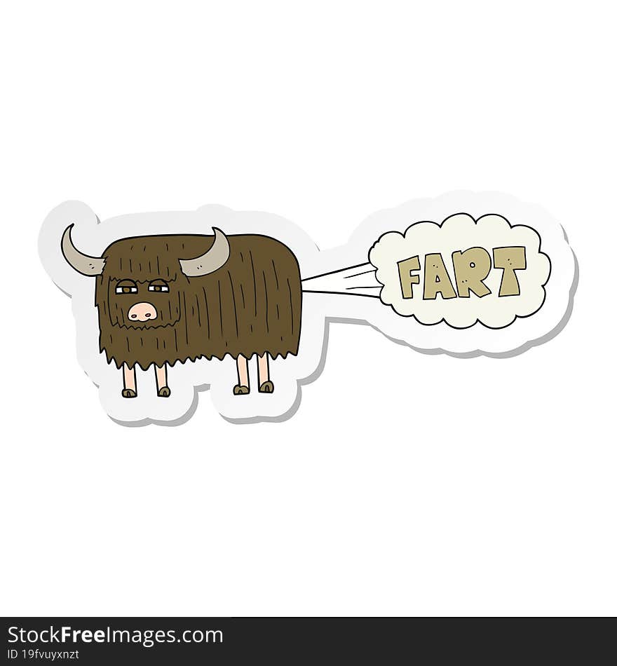 sticker of a cartoon hairy cow farting