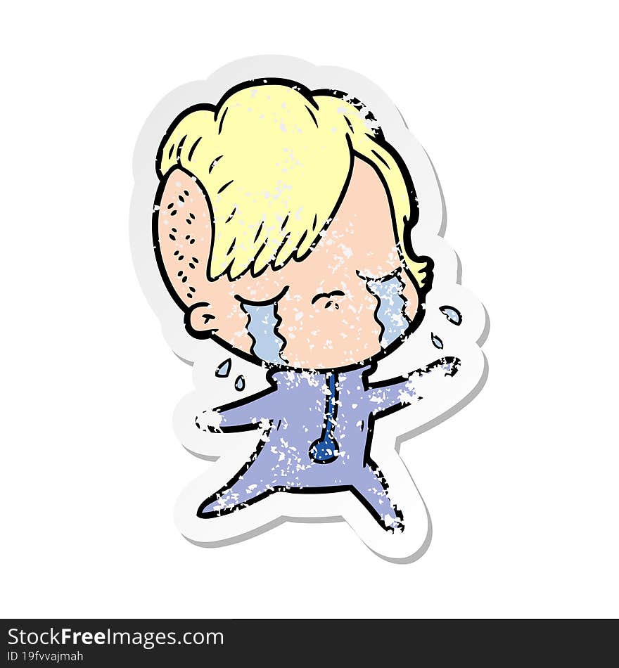 Distressed Sticker Of A Cartoon Crying Girl Wearing Space Clothes