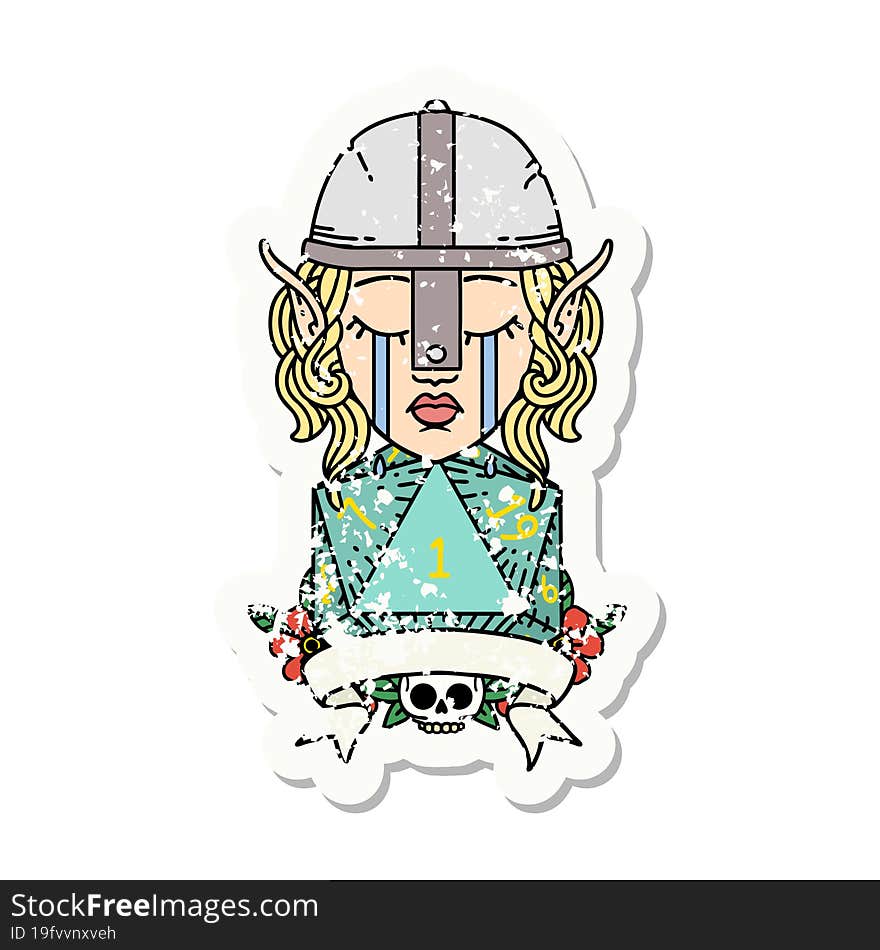 grunge sticker of a crying elf fighter character face with natural one D20 roll. grunge sticker of a crying elf fighter character face with natural one D20 roll