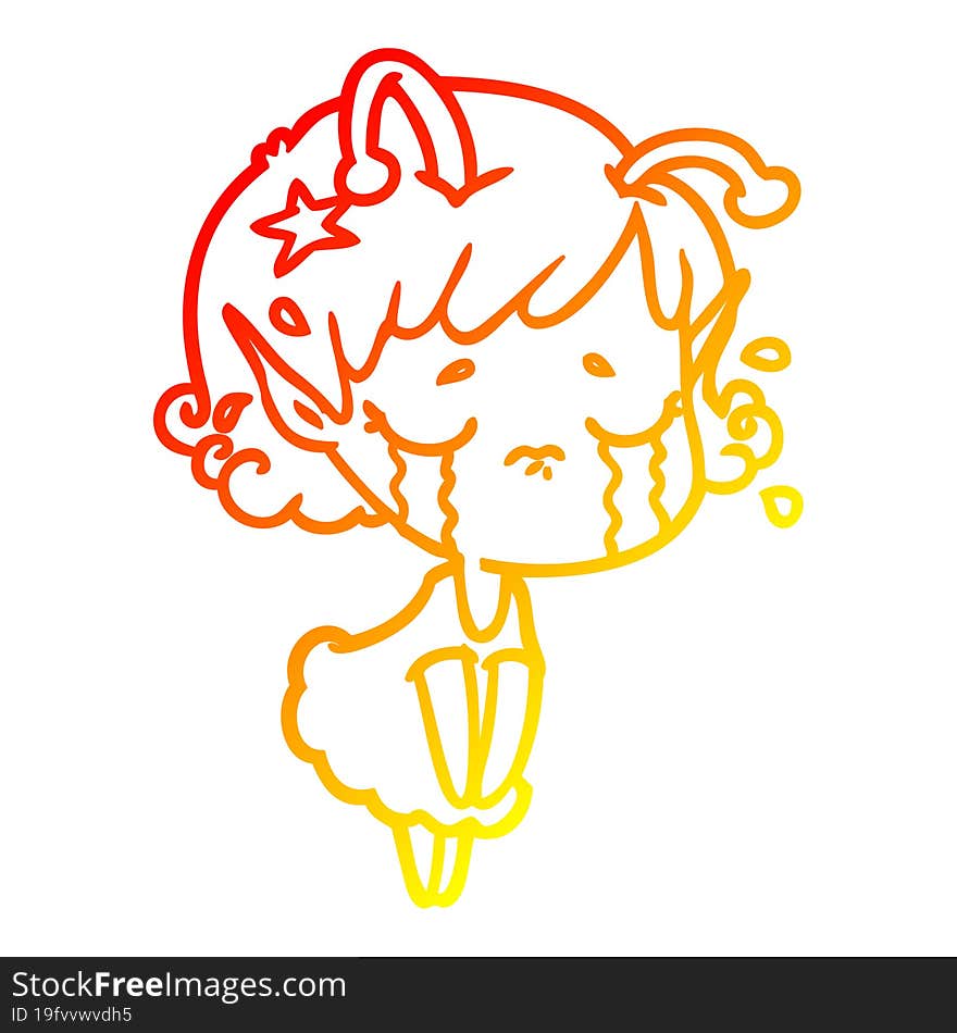 warm gradient line drawing cartoon crying alien girl