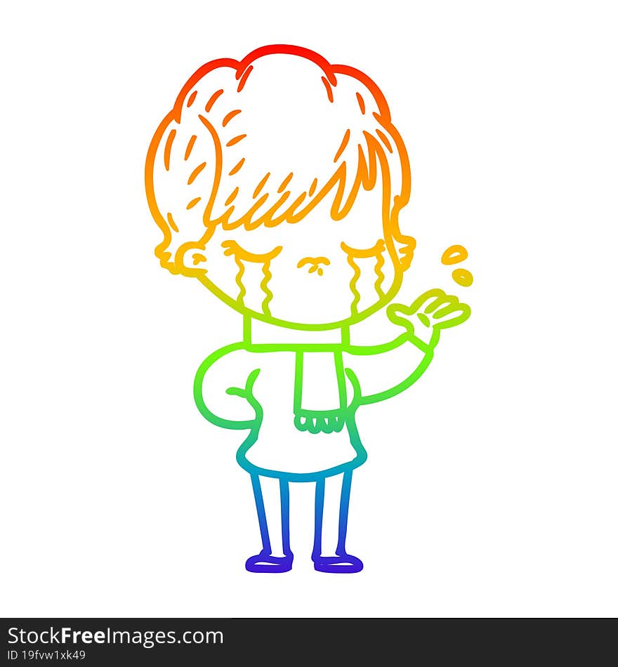 rainbow gradient line drawing of a cartoon woman crying