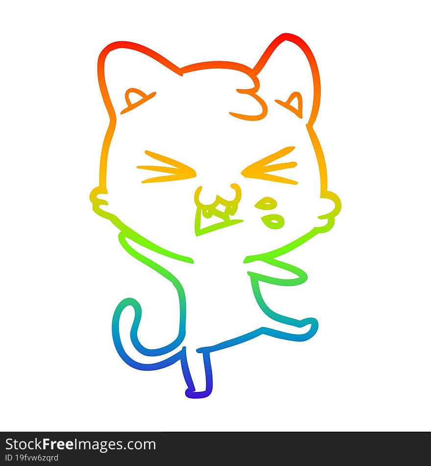 rainbow gradient line drawing of a cartoon cat hissing