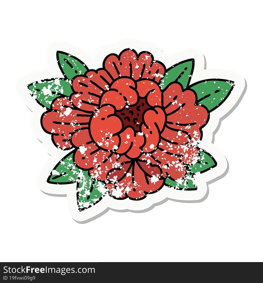 Traditional Distressed Sticker Tattoo Of A Blooming Flower