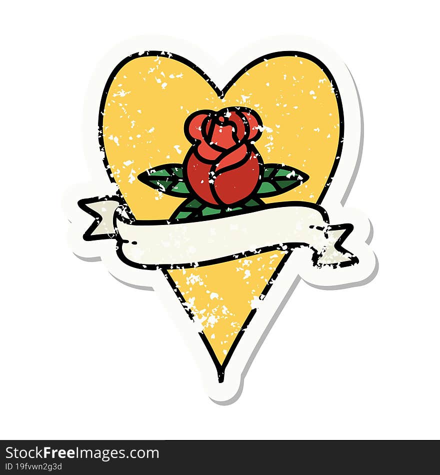 traditional distressed sticker tattoo of a heart rose and banner