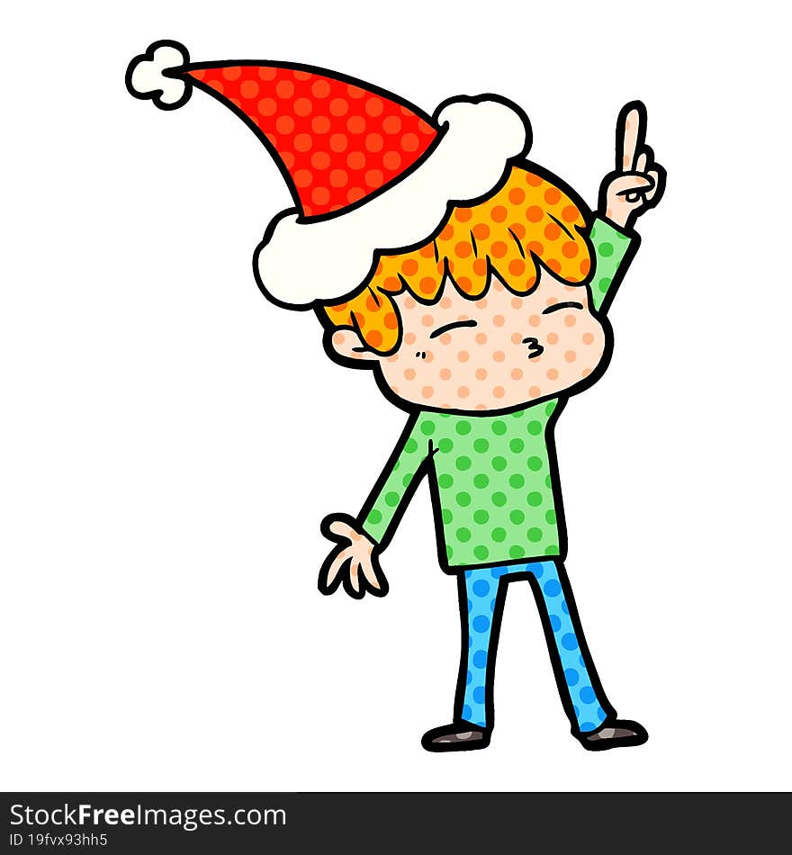 hand drawn comic book style illustration of a curious boy wearing santa hat