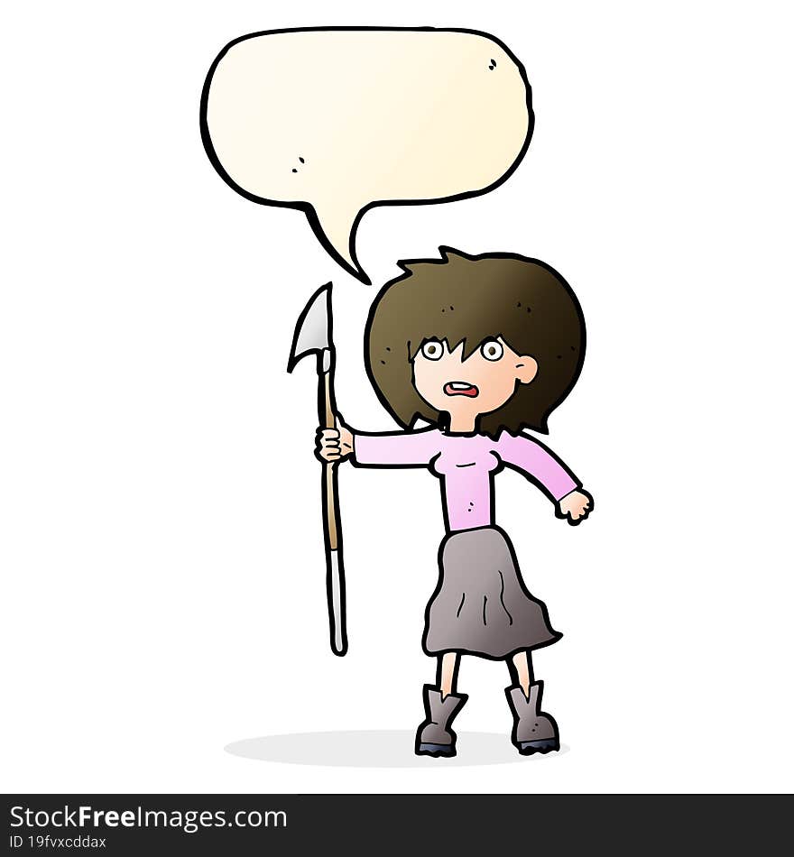 cartoon woman with harpoon with speech bubble