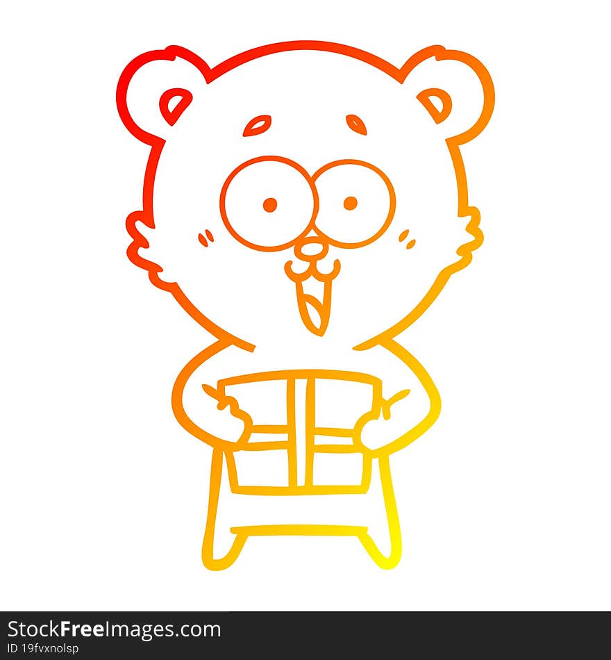 Warm Gradient Line Drawing Laughing Teddy  Bear With Christmas Present