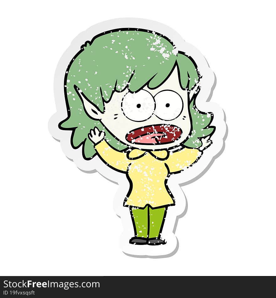 distressed sticker of a cartoon shocked elf girl