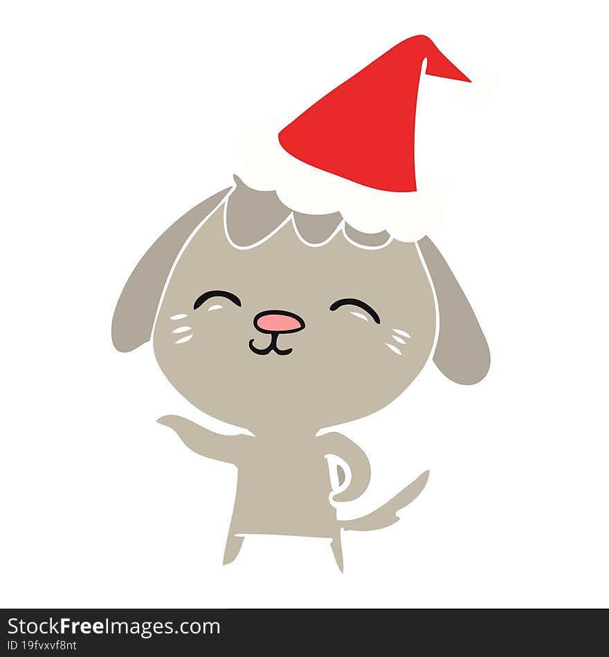 Happy Flat Color Illustration Of A Dog Wearing Santa Hat