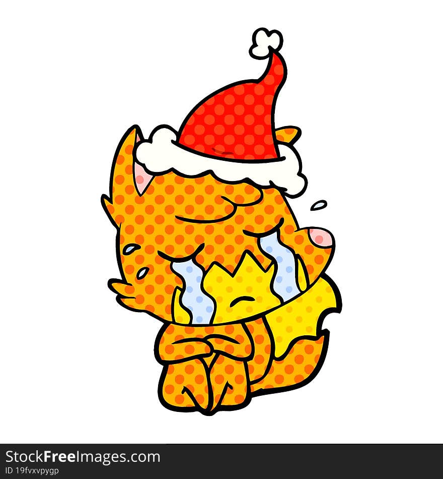 Crying Fox Comic Book Style Illustration Of A Wearing Santa Hat